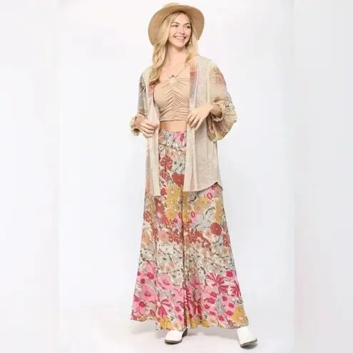 Solid Knit & Chiffon Mixed Cardigan Oatmeal color boho lightweight cardigan