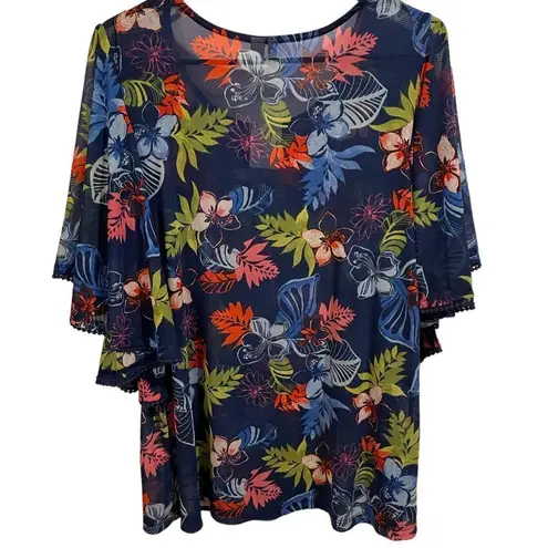 Est. 1946 NWT Tropical Floral Sheer Mesh Ruffle Pom Pom Sleeve Stretch Blouse