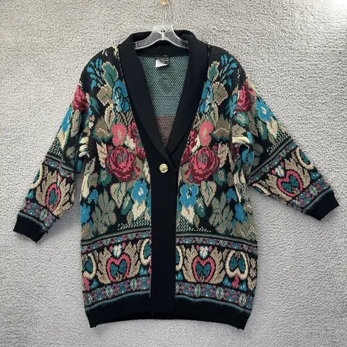 Vintage Southern Lady Floral Knit Cardigan Sweater Cottage Grandma Women Medium Black