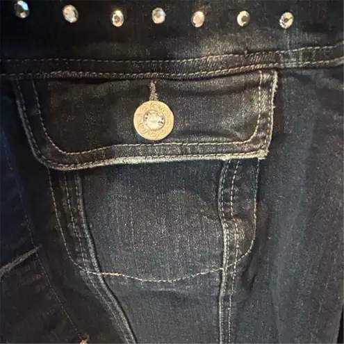 None Jean Jacket Women's Size 12 Blue Denim Jacket Pearl Studded Frayed Hem