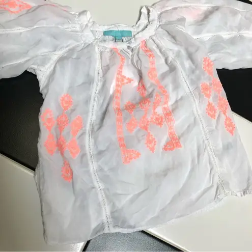 Melissa Odabash Embroidered Peasant Blouse Crop Top White Neon Coral Summery sz8