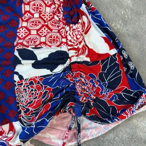 Bonworth Shirt Womens XL Blue Red White Bell Sleeve Floral Patchwork Office Soft