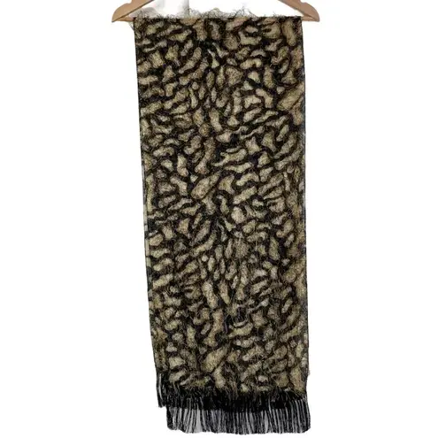 Animal print fringed eyelash scarf, brown & black long rectangle wrap or shawl