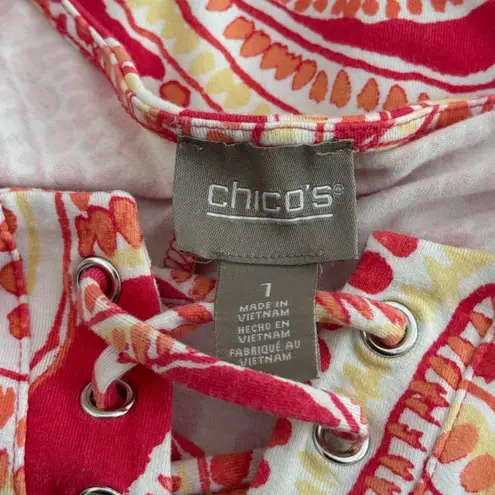 Chico's  1 Lace Up Pink White Paisley Mosaic Shelley Shift Dress Size M Resortwear