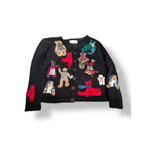 Vintage Susan Bristol Teddy Bear Applique Black Knit Cardigan Sweater Petite Size undefined