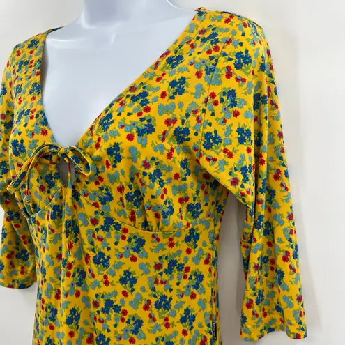 Mamy Blue Rio Y2K Babydoll Floral Dress Sz M Hippie Retro Boho Cottage Midi tie Yellow Size M