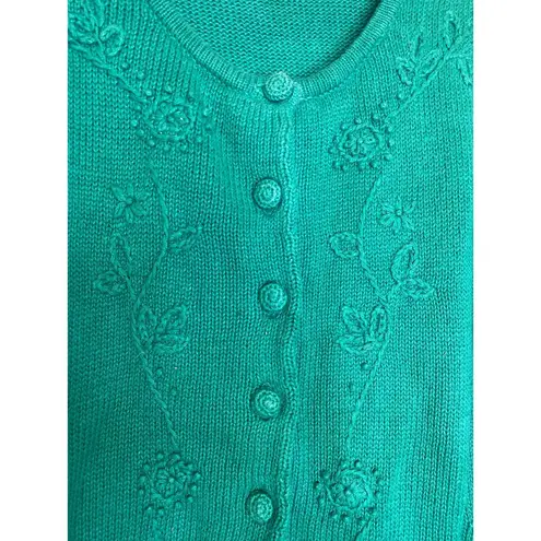 Vintage Floral Embroidered Teal Cardigan Sweater EUC Sz M Button Down Knitted Size M