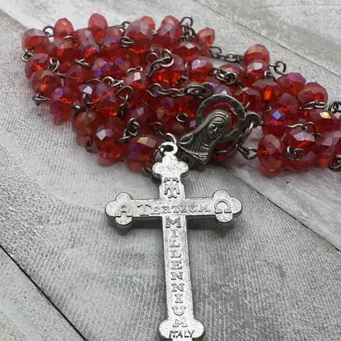 Vintage Italian Glass Bead Rosary, Italy Catholic Prayer Beads, Silver Crucifix Red
