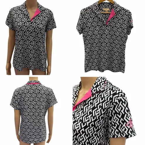 Sport Haley Geometric Print Golf Polo Shirt Black White Pink Womens Medium