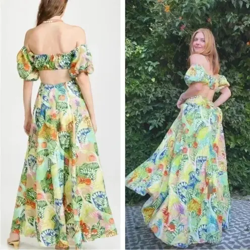 STAUD Coliseum Off-The-Shoulder Linen Tropical Print Dress Size 8