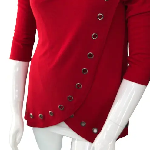 Multiples  Womens Size L Red Cowl Neck Sweater Grommet Wrap Detail 3/4 Sleeve