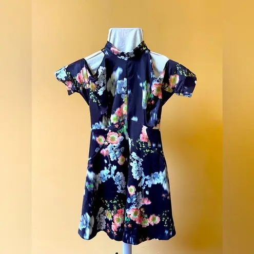 Whistles Aiko Floral Print Josephine Cut Out Mini Dress Size 2 Small Black