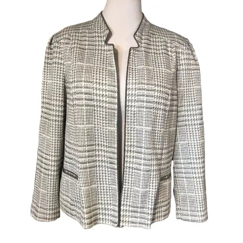 VINTAGE 1980'S UNBRANDED GRAY & WHITE PRINT OPEN FRONT CARDIGAN BLAZER (XL)