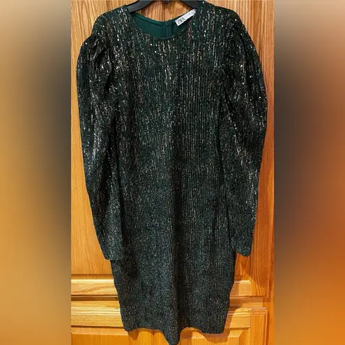 ZARA ‎ Sequin Puff Long Sleeve Special Limited Edition Emerald Green & Gold Dress