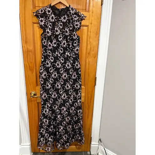 Shoshanna Midnight Floral Lace Dress Black Pink 6 Cocktail Party Wedding Midi