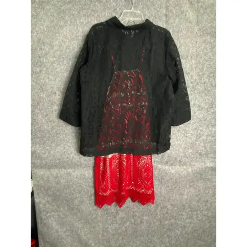 Black Sheer Patterned Button Down Blouse 3/4 Sleeve Floral Overlay Shirt Size L