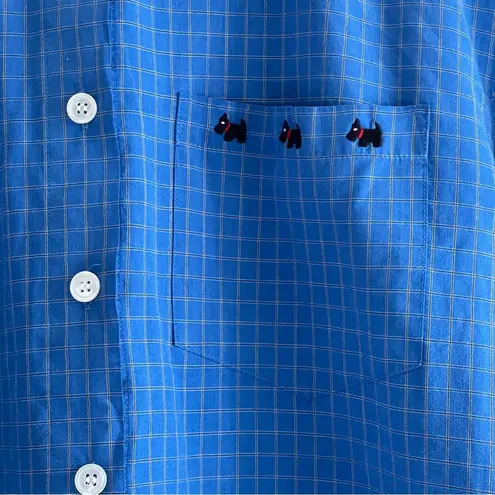 Women's Button Down Long Sleeve Shirt/ Top Blue Plaid Dog Decor