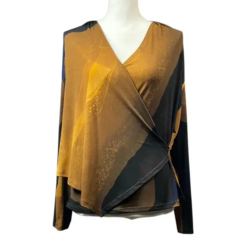 Clara Sun Woo Top Crossover Faux Wrap Size Large Navy Mustard Long Sleeve Travel Gold