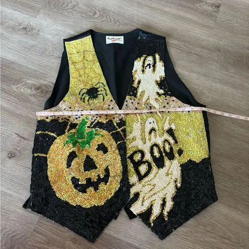 Vintage Fashion Fantasy Vest Black Sequined Halloween Vest Orange Size L