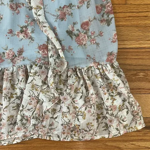 By the River Floral Ruffle Midi Dress Sz L Blue Size L