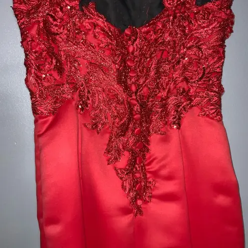 Handmade Red Mermaid Sleeveless Floral Lace Embroidered Beaded Fitted Formal Prom XS