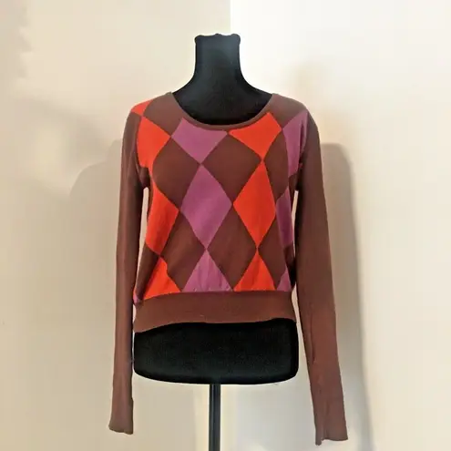 TWINKLE BY WENLAN Brown/Purple/Red Cropped Argyle Wool French Bulldog Sweater SM Brown