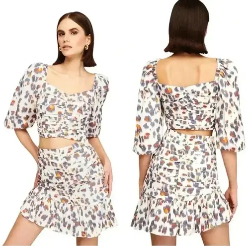 Nocturne Floral Ruched Puff Sleeve Crop Top White Multicolor XS 34