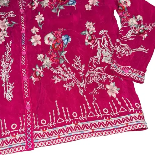 Johnny Was Elias Embroidered Blouse Pink Floral Womens Small C10122-1 Boho Tunic