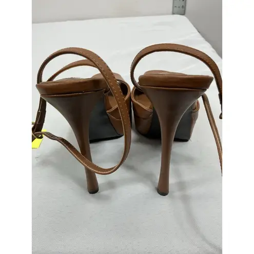 Womans Platform Sandals Size 6.5 Brown Peep Square Toe Buckle Stiletto Heel