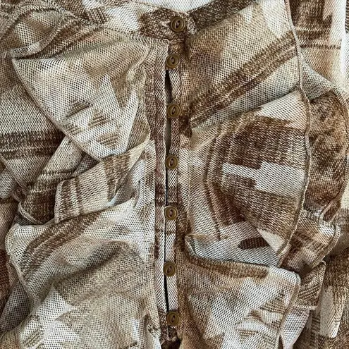 LRL Lauren Jeans Company Neutral Tones Aztec Ruffle Front Semi Sheer Top Size XL Tan