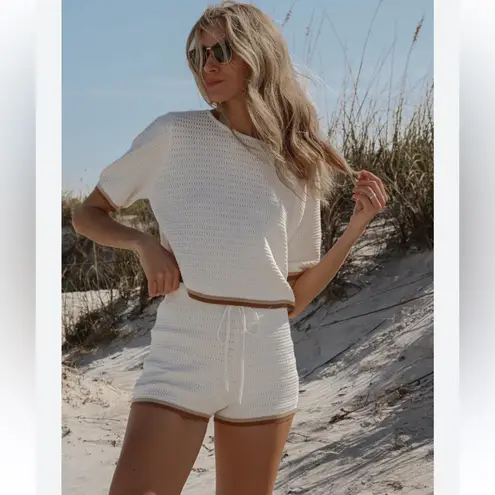 Fore Size M Sepia Trim Pointelle Knit Matching Set Cream Beach Neutral Lounge Brown Size M
