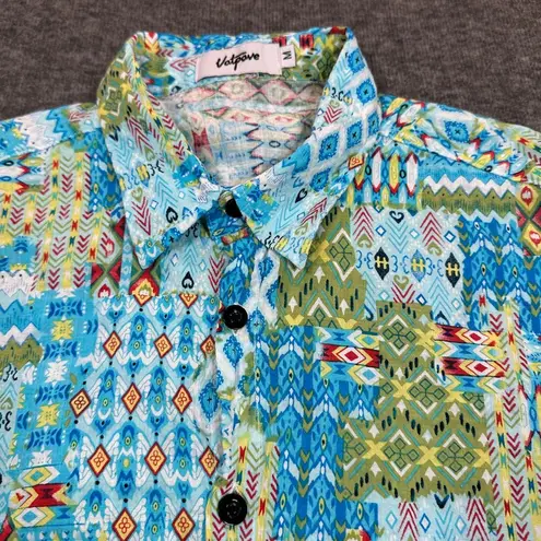 Vatpove Shirt Womens Medium Green Blue Aztec Madras Coastal Country Vacation