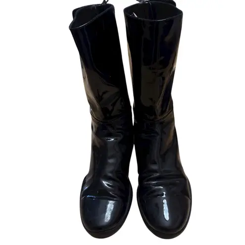 Prada  Black Patent Leather Flat Boots Glossy Mid-Calf Size 38.5 Authentic w COA