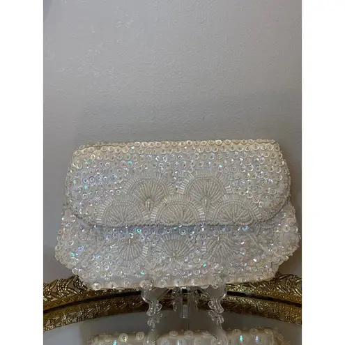 Glamorous White Beaded Sequin Clutch Evening Bag Formal Purse Fine Arts Bag