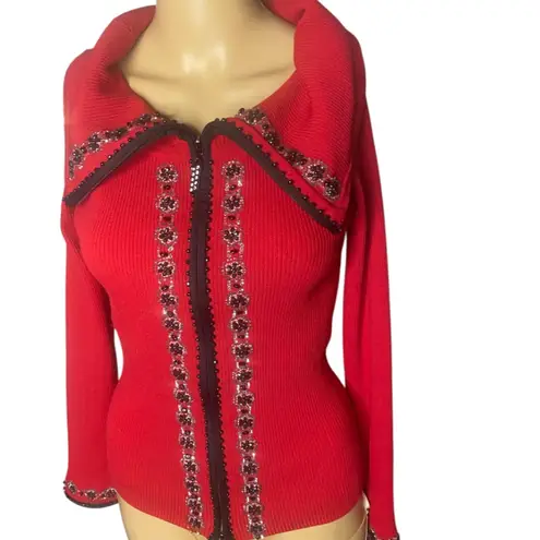 Camille La Vie Red Ribbed Knit Beaded Zip-Up Cardigan Sweater, Size M