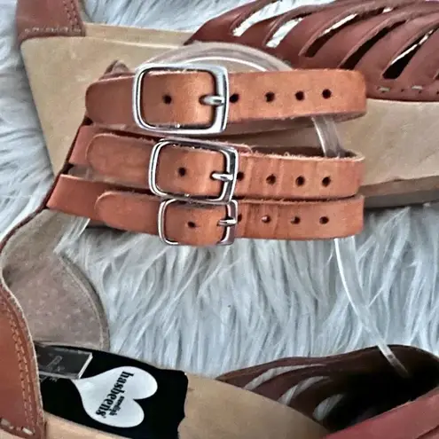 SWEDISH HASBEENS | Leather Sandals Clogs Wood Triple Ankle Strap | Size 40, US 9 Tan