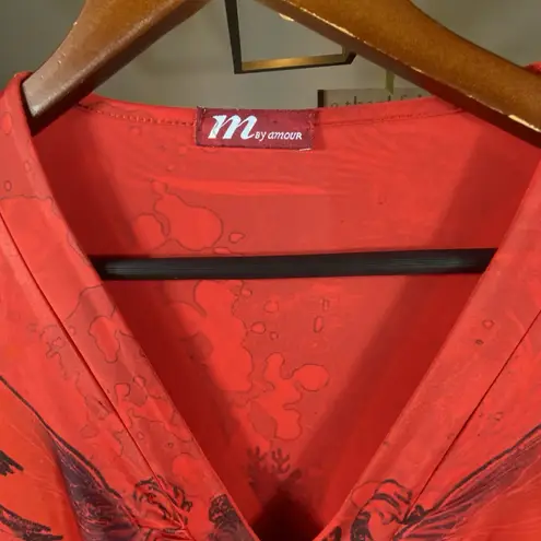 M by Amour XL Top Graphic Angel Wing V Neck 3/4 Sleeve Red Embellished Stretch