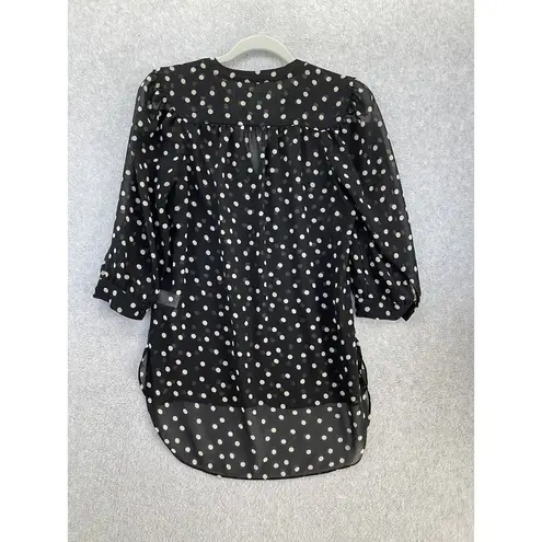 LC Lauren Conrad  Women's Button Down Blouse High Low XS Sheer Polka Dot Black