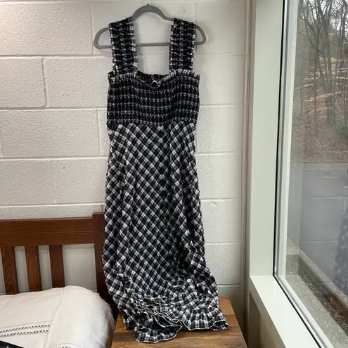 Ganni Smocked Maxi Midi Dress Black White Plaid Picnic Checked Fit and Flare 42