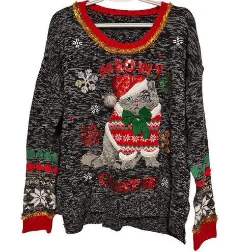Women’s Black White Meowy Christmas Cat Pullover Sweater Snowflakes Size XL
