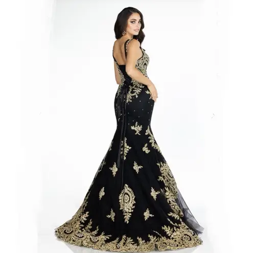 Lucci Lu NWT Abby Paris Black Gold Tulle Mermaid Crystal Embellished Gown 10