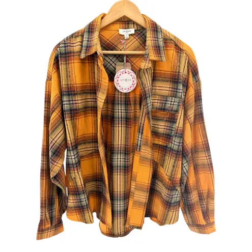 NWT UMGEE USA Plaid Oversized Button Down Shirt Jacket Yellow Rust Blue Womens S