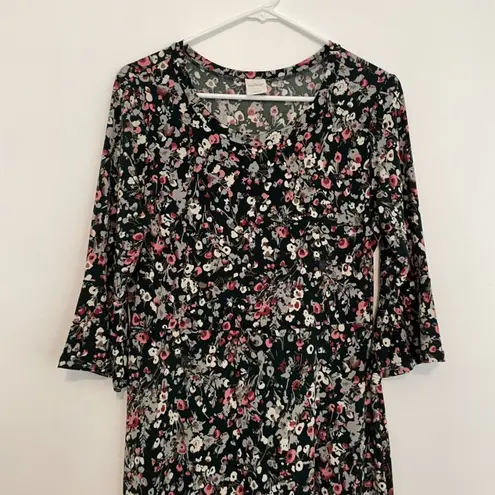 Kaileigh Gretta Greta Knit Dress Dark Green Pink Floral 3/4 Sleeve Bell Sleeve L