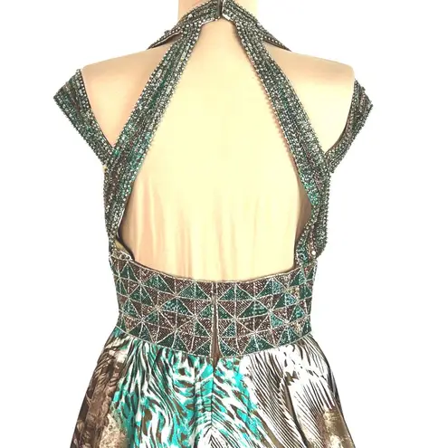 Animal Print Maxi Dress S Beaded Halter Brown Teal Flowy Mobwife Charmeuse Size 6