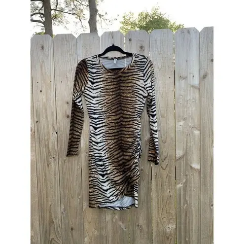 Grecerelle Tiger‎ Print Bodycon Dress Size Small animal long sleeve club summer Brown
