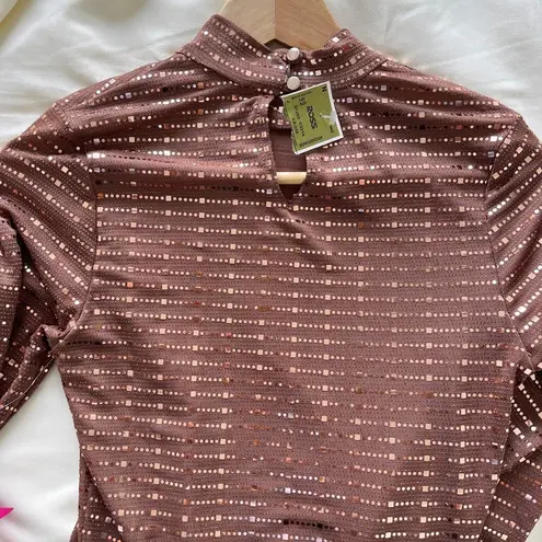 Iris NWT  Knit Sequin Long Sleeve Mock Neck Bodysuit Mocha Heat Womens Size Large