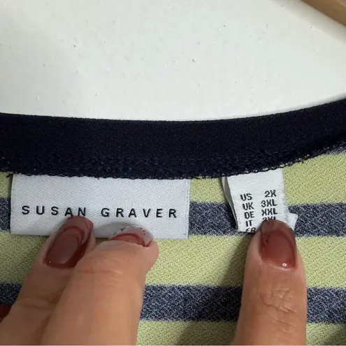 Susan Graver Green & Black Stripe Tunic 2X Shoulder Button Detail long Sleeves