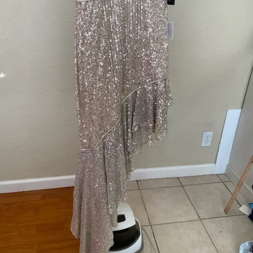 Mac Duggal Ieena for  sequined halter‎ cut out ruffle Asymmetrical dress in nude