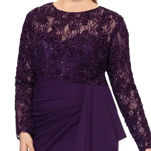 XScape Long Sleeve Lace Bodice Ruffled Formal Dress