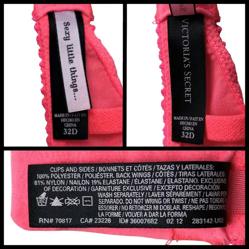 Victoria's Secret Victoria’s Secret Coral Floral Embroidered Sequin Push Up Bra 32D Bows Neon Pink